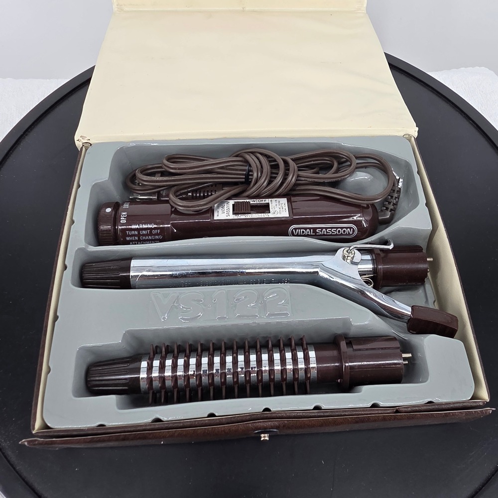 Vtg Vidal Sassoon VS122 Travel Hair Styling Kit Curling Iron Brush Brown Case